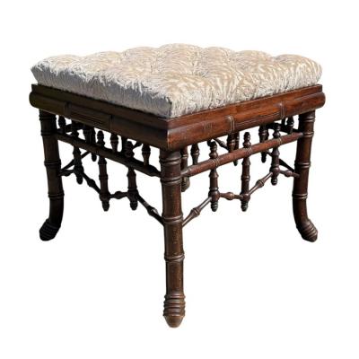 Regency Style Faux Bamboo Cut Velvet Upholstered Footstool