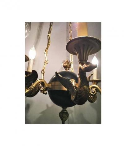 Regency Style Six Arm Bronze Swan Decorated Chandelier