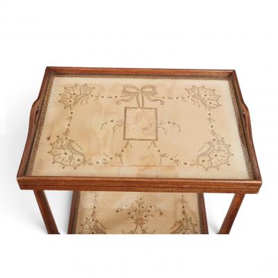 Regency Style Two Tier Mahogany Embroidered Silk Tray Table