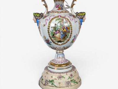 Regency Style Urn Table Lamps Porcelain Painted Wood France 20th c 