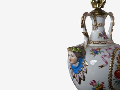 Regency Style Urn Table Lamps Porcelain Painted Wood France 20th c 