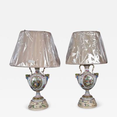 Regency Style Urn Table Lamps Porcelain Painted Wood France 20th c 