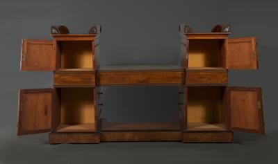 Regency flash mahogany and ebonized desk of double pylon architectural form