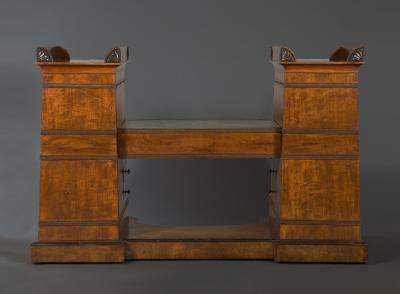 Regency flash mahogany and ebonized desk of double pylon architectural form