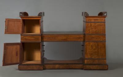 Regency flash mahogany and ebonized desk of double pylon architectural form