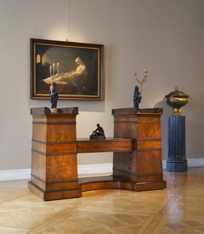 Regency flash mahogany and ebonized desk of double pylon architectural form