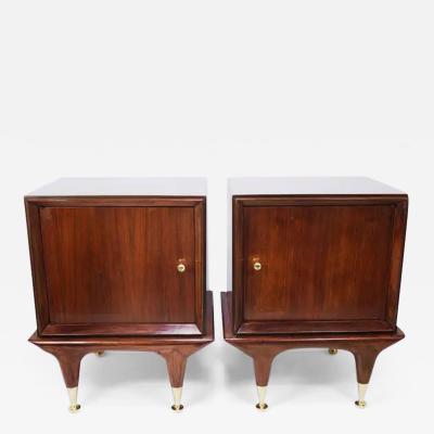 Remarkable Pair of Italian Midcentury Walnut and Brass Nightstands from 1950