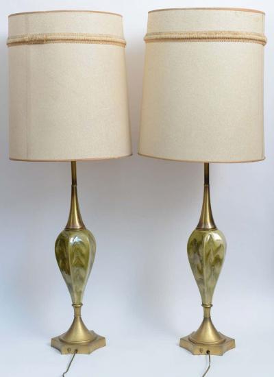 Rembrandt Lamp Company Green Pottery and Brass Table Lamps by Rembrandt Cie
