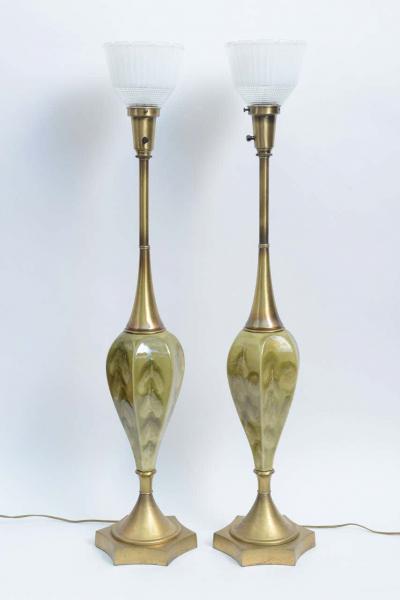 Rembrandt Lamp Company Green Pottery and Brass Table Lamps by Rembrandt Cie