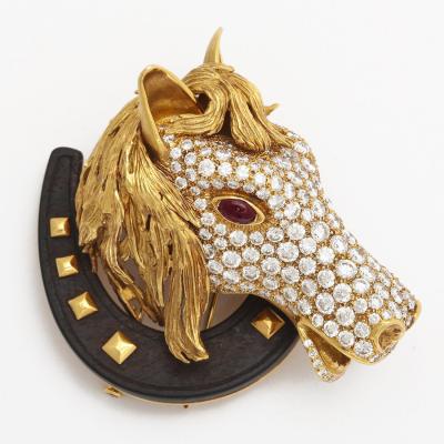 Ren Boivin 1960s Diamond Wood 19K Gold Horse Brooch with a Ruby Eye by Rene Boivin