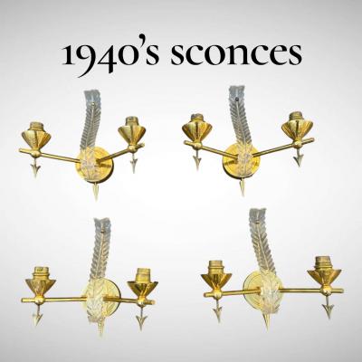 Ren Drouet 1940s Pair of Brass and lucite sconces attributed to Ren Drouet