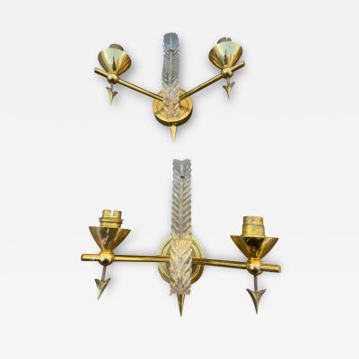 Ren Drouet 1940s Pair of Brass and lucite sconces attributed to Ren Drouet