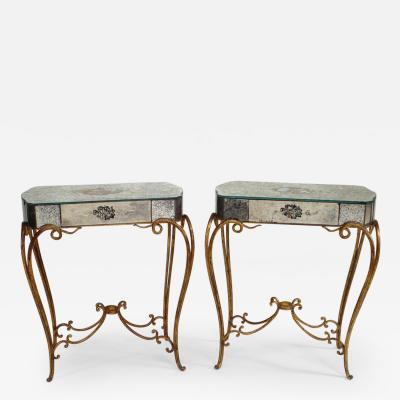 Ren Drouet Pair of French 1940s Rectangular Mirrored Decorated End Tables