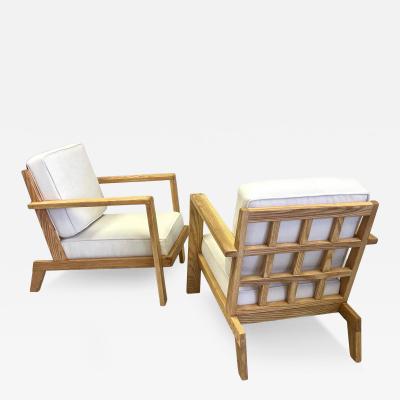 Ren Gabriel Pair French Mid Century Modern Grid Back Cherry Lounge Armchairs Rene Gabriel