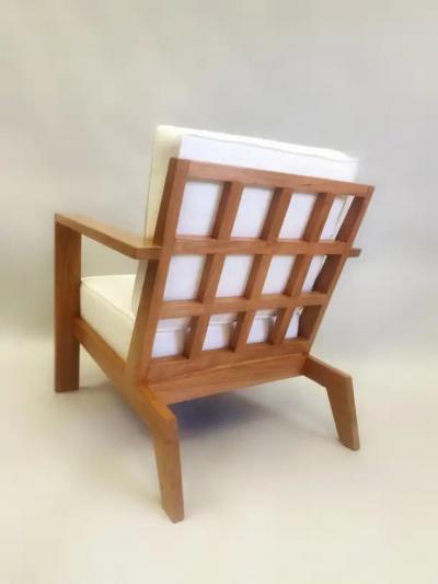 Ren Gabriel Pair French Mid Century Modern Grid Back Cherry Lounge Armchairs Rene Gabriel