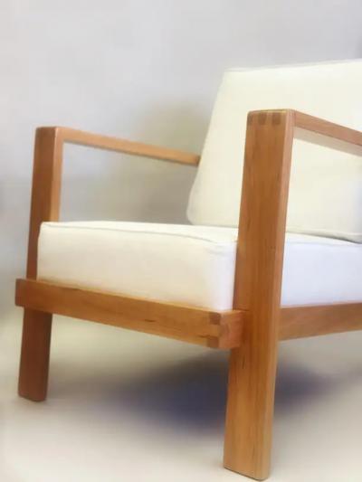 Ren Gabriel Pair French Mid Century Modern Grid Back Cherry Lounge Armchairs Rene Gabriel