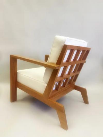 Ren Gabriel Pair French Mid Century Modern Grid Back Cherry Lounge Armchairs Rene Gabriel