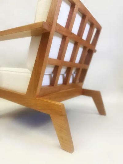 Ren Gabriel Pair French Mid Century Modern Grid Back Cherry Lounge Armchairs Rene Gabriel