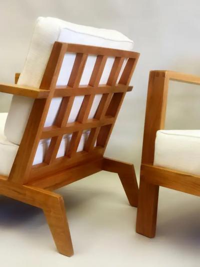 Ren Gabriel Pair French Mid Century Modern Grid Back Cherry Lounge Armchairs Rene Gabriel