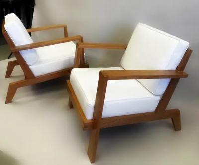 Ren Gabriel Pair French Mid Century Modern Grid Back Cherry Lounge Armchairs Rene Gabriel