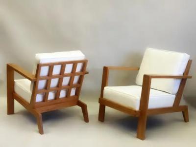 Ren Gabriel Pair French Mid Century Modern Grid Back Cherry Lounge Armchairs Rene Gabriel