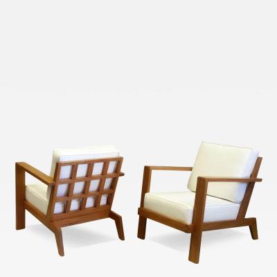 Ren Gabriel Pair French Mid Century Modern Grid Back Cherry Lounge Armchairs Rene Gabriel