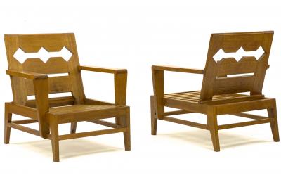 Ren Gabriel Rene Gabriel rarest unseen pair of carved oak lounge chairs
