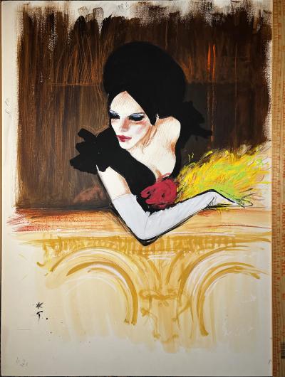 Ren Gruau Elegant French Woman with Lavish Hat Show Girl Performance Double Sided Work