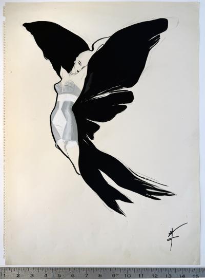 Ren Gruau Vintage Bra and Girdle Advertisement Winged Fashion Model Original Art for Sale
