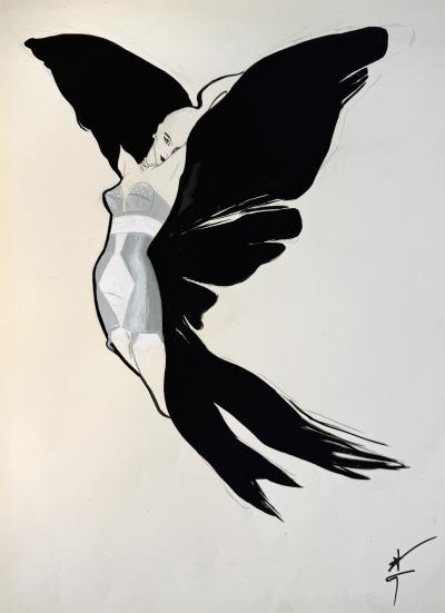 Ren Gruau Vintage Bra and Girdle Advertisement Winged Fashion Model Original Art for Sale
