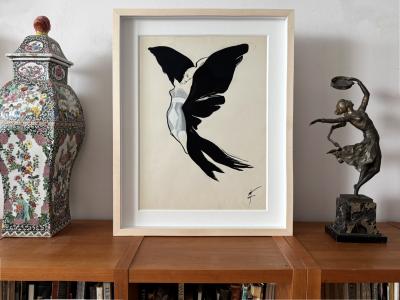 Ren Gruau Vintage Bra and Girdle Advertisement Winged Fashion Model Original Art for Sale