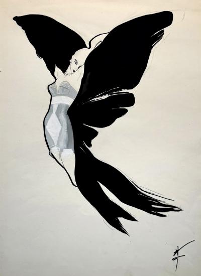 Ren Gruau Vintage Bra and Girdle Advertisement Winged Fashion Model Original Art for Sale