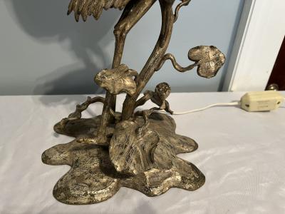 Ren Lalique Lalique Co ART NOUVEAU SILVERED BRONZE GLASS STORK AMONGST LILY PADS AND DRAGONFLY LAMPS