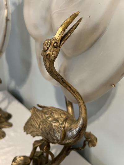 Ren Lalique Lalique Co ART NOUVEAU SILVERED BRONZE GLASS STORK AMONGST LILY PADS AND DRAGONFLY LAMPS