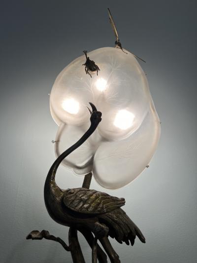 Ren Lalique Lalique Co ART NOUVEAU SILVERED BRONZE GLASS STORK AMONGST LILY PADS AND DRAGONFLY LAMPS