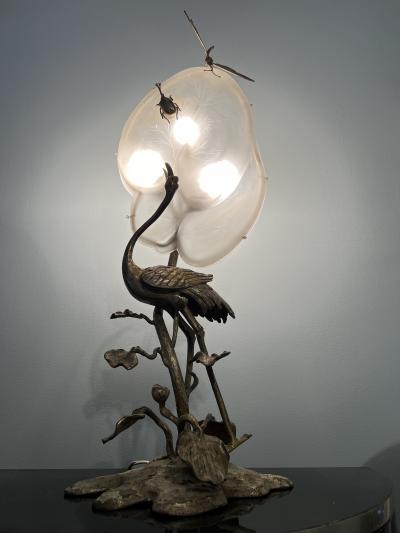 Ren Lalique Lalique Co ART NOUVEAU SILVERED BRONZE GLASS STORK AMONGST LILY PADS AND DRAGONFLY LAMPS