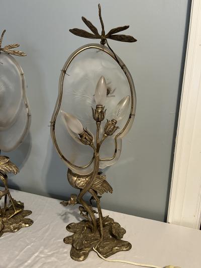 Ren Lalique Lalique Co ART NOUVEAU SILVERED BRONZE GLASS STORK AMONGST LILY PADS AND DRAGONFLY LAMPS