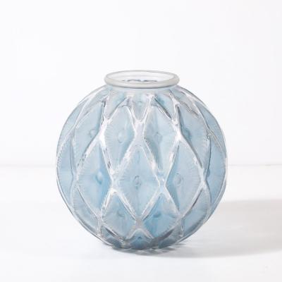 Ren Lalique Lalique Co Art Deco Smoked Cerulean Hue Frosted and Transparent Glass Vase signed Lalique