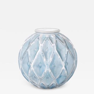Ren Lalique Lalique Co Art Deco Smoked Cerulean Hue Frosted and Transparent Glass Vase signed Lalique