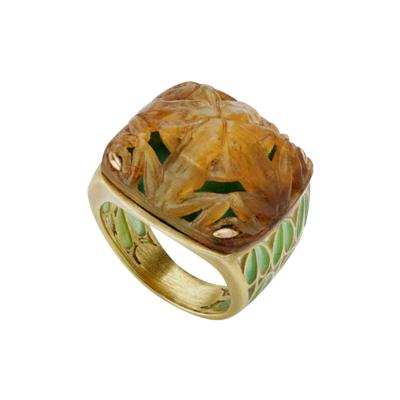 Ren Lalique Lalique Co Art Nouveau Carved Horn and Plique jour Enamel Grenouilles or Frogs Ring