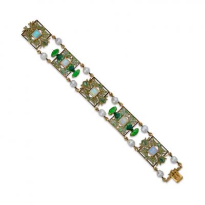Ren Lalique Lalique Co Art Nouveau Plique jour Enamel Opal and Pearl Thistle of Lorraine Bracelet