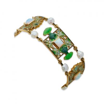 Ren Lalique Lalique Co Art Nouveau Plique jour Enamel Opal and Pearl Thistle of Lorraine Bracelet