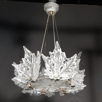 Ren Lalique Lalique Co Mid Century Champs lys es Frosted Crystal Chandelier signed Ren Lalique