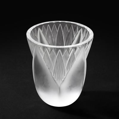 Ren Lalique Lalique Co Mid Century Modernist Frosted Crystal Thebes Vase signed Lalique