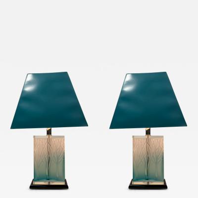 Ren Lalique Lalique Co POST MODERN ART DECO REVIVAL CAST FOREST GLASS LAMPS IN THE MANNER OF LALIQUE