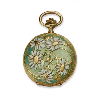 Ren Lalique Lalique Co Ren Lalique Art Nouveau Enamel and 18K Gold Marguerite Pendant Watch