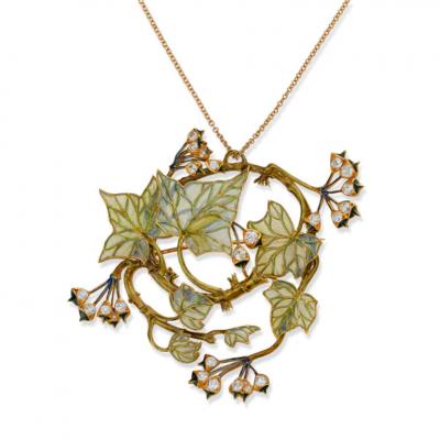 Ren Lalique Lalique Co Ren Lalique Art Nouveau Plique Jour Enamel and Diamond Lierre 