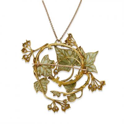Ren Lalique Lalique Co Ren Lalique Art Nouveau Plique Jour Enamel and Diamond Lierre 