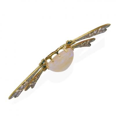 Ren Lalique Lalique Co Ren Lalique Art Nouveau Plique jour Enamel Fire Opal and Diamond Damselfly