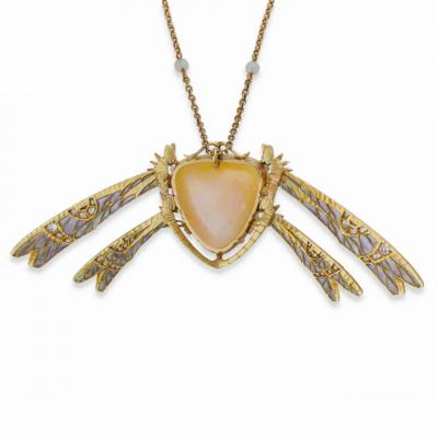 Ren Lalique Lalique Co Ren Lalique Art Nouveau Plique jour Enamel Fire Opal and Diamond Damselfly